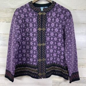 FROST Womens Purple Fair Isle Metal Toggle Relaxed Crew Neck 100% Wool Sweater S